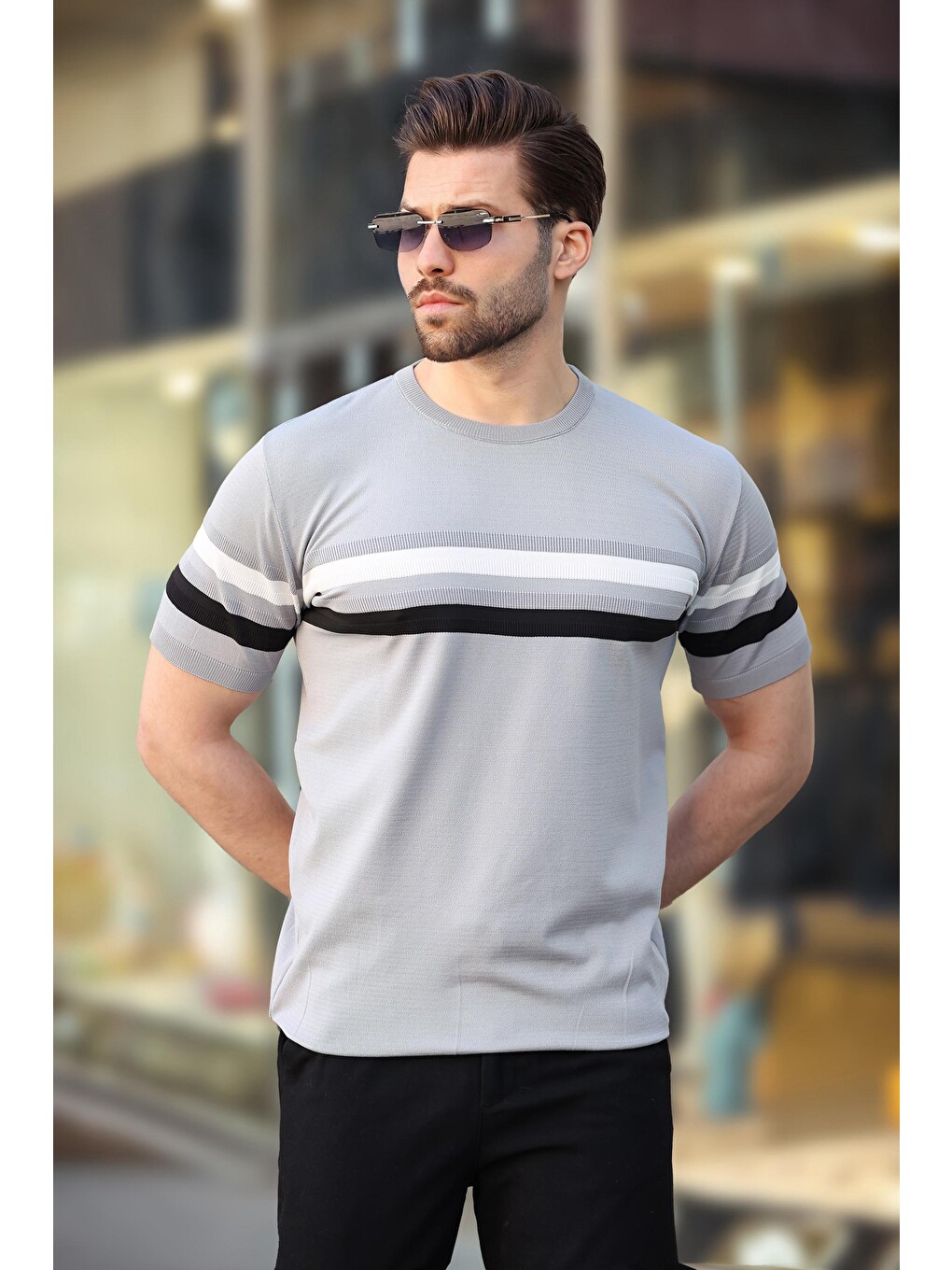 Gri Bisiklet Yaka Çizgili Erkek Tişört E7412-2
