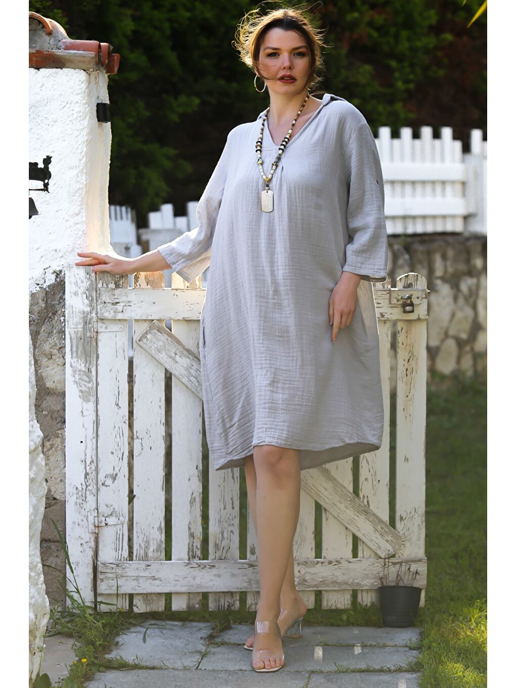 Gri Gömlek Yaka Düğmeli 3/4 Kol Cepli Casual Müslin Dokuma Elbise 105 65