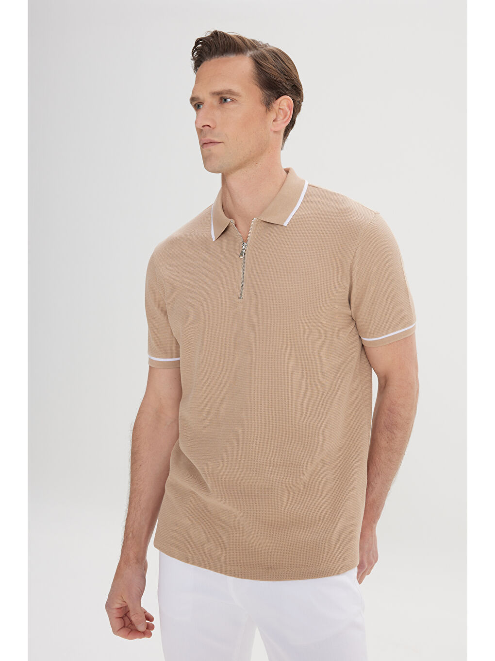 Kahverengi Erkek Camel Dar Kesim %100 Pamuk Jakarlı Polo Yaka Tişört-1