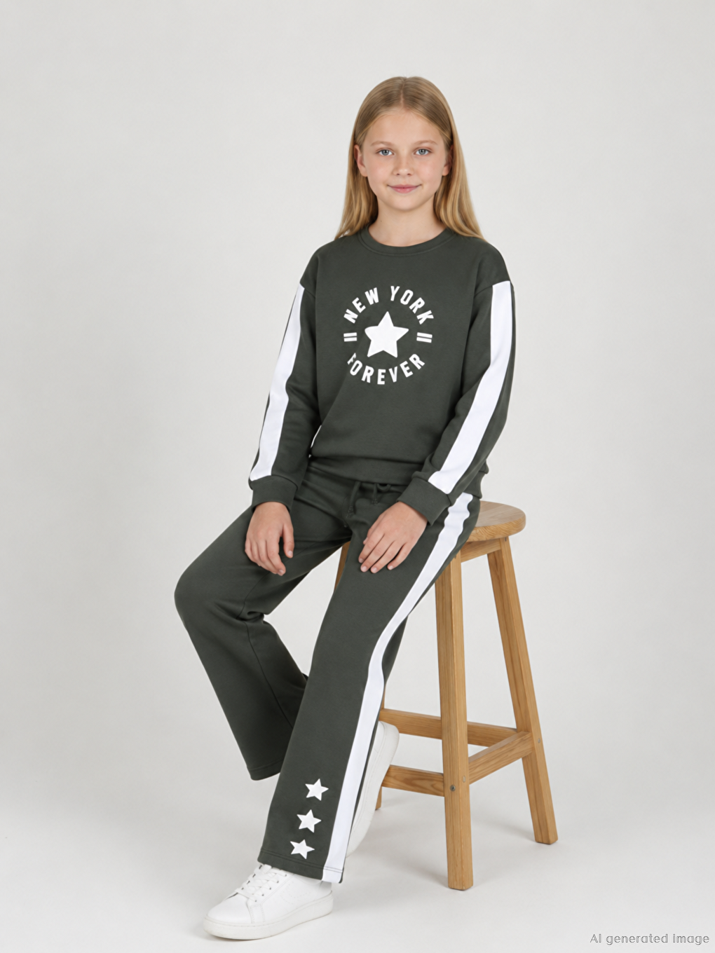 Gri Bisiklet Yaka Kız Çocuk Baskılı Sweatshirt Ve Eşofman Alt 2'li Takım-1