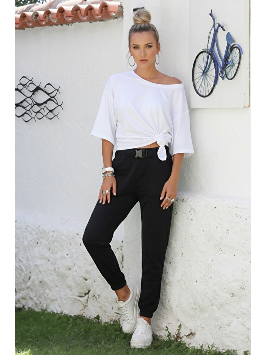 Siyah Kemer Tokalı Lastikli Bel Casual Gabardin Dokuma Pantolon 100 55-1