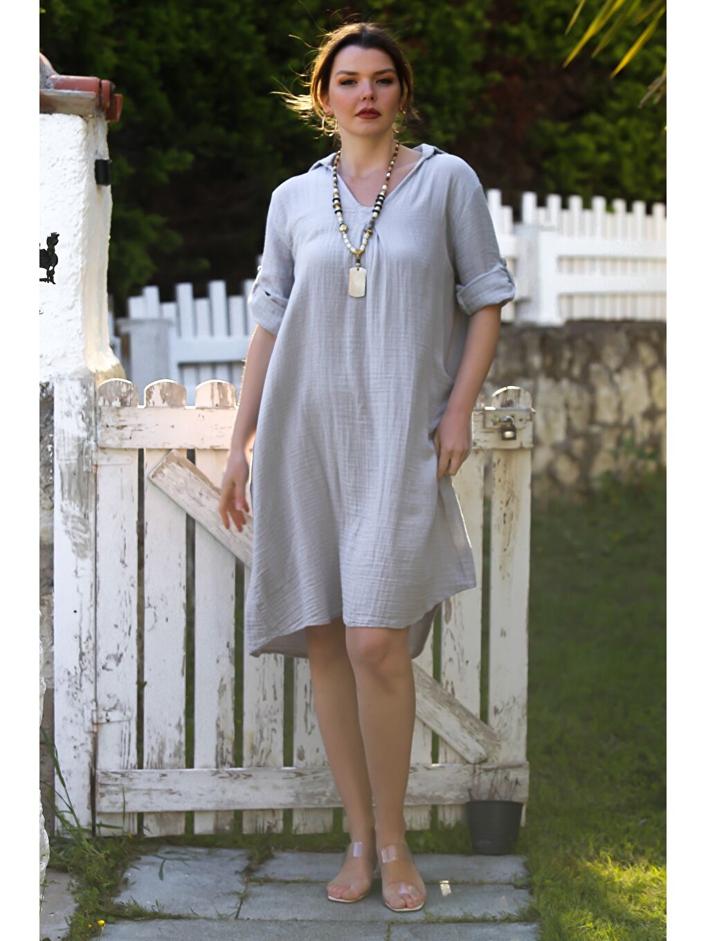 Gri Gömlek Yaka Düğmeli 3/4 Kol Cepli Casual Müslin Dokuma Elbise 105 65-1