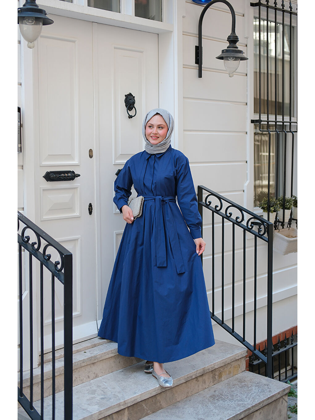 Kadın Önü Pileli Poplin Elbise Lacivert-1