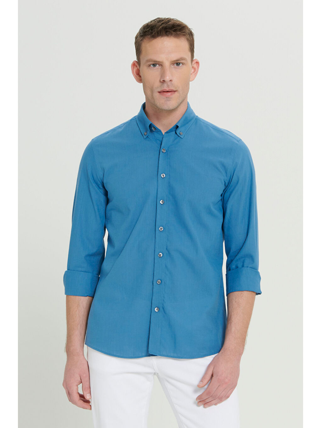 Erkek Petrol %100 Pamuk Oxford Slim Fit Dar Kesim Düğmeli Yaka Flamlı Gömlek