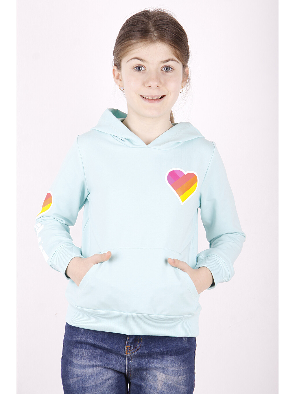 Turkuaz Kız Çocuk Like Kalp Baskılı Kanguru Cepli Sweatshirt