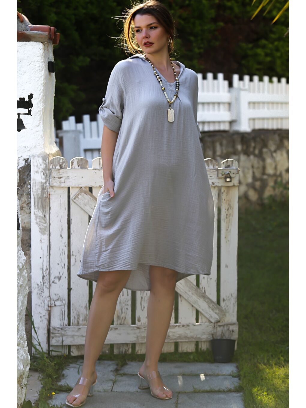 Gri Gömlek Yaka Düğmeli 3/4 Kol Cepli Casual Müslin Dokuma Elbise 105 65-2