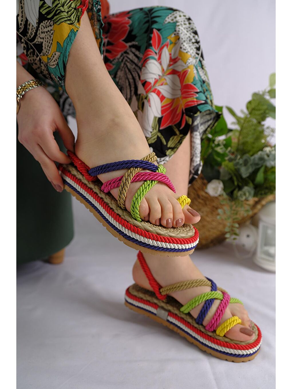 Karışık Flr Aryans Halat İpli Parmak Arası Kadın Sandalet-2