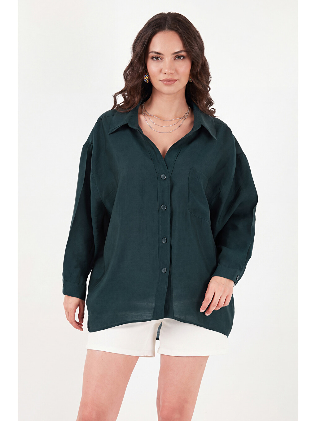 Yeşil Modal Oversize Fit Uzun Kollu Kadın Gömlek 6834612-1