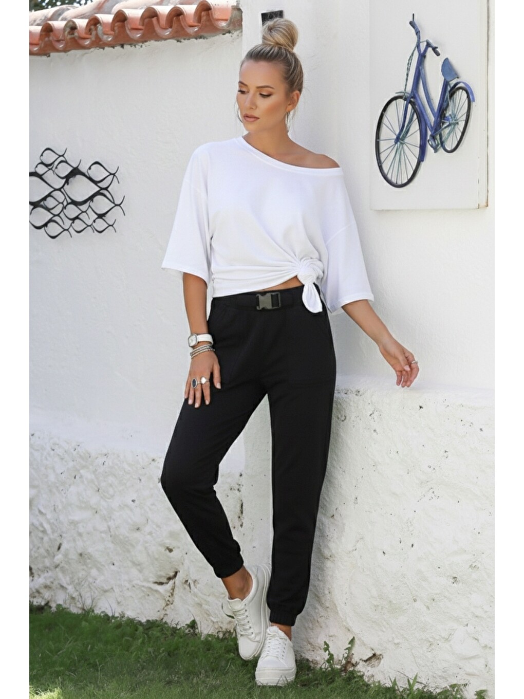 Siyah Kemer Tokalı Lastikli Bel Casual Gabardin Dokuma Pantolon 100 55-2