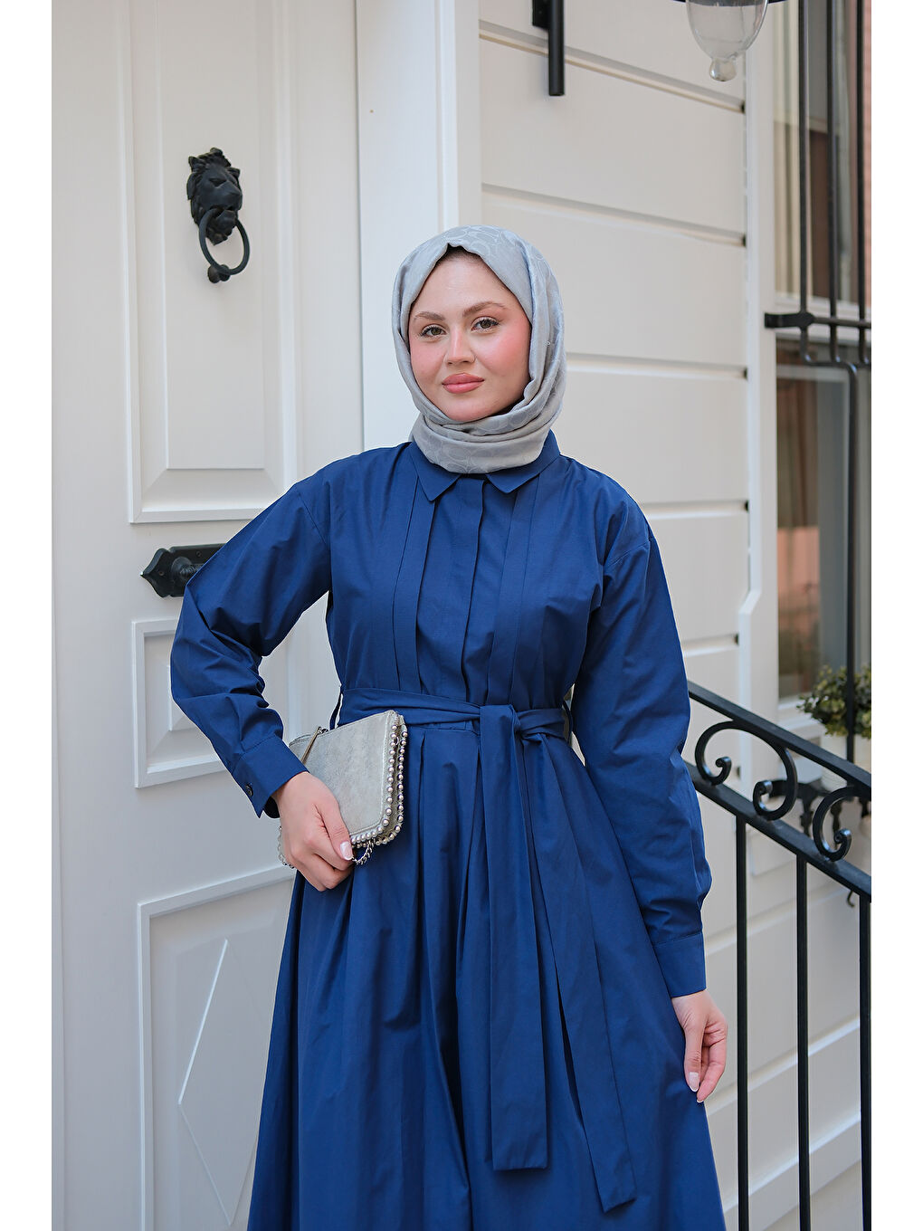 Kadın Önü Pileli Poplin Elbise Lacivert-3