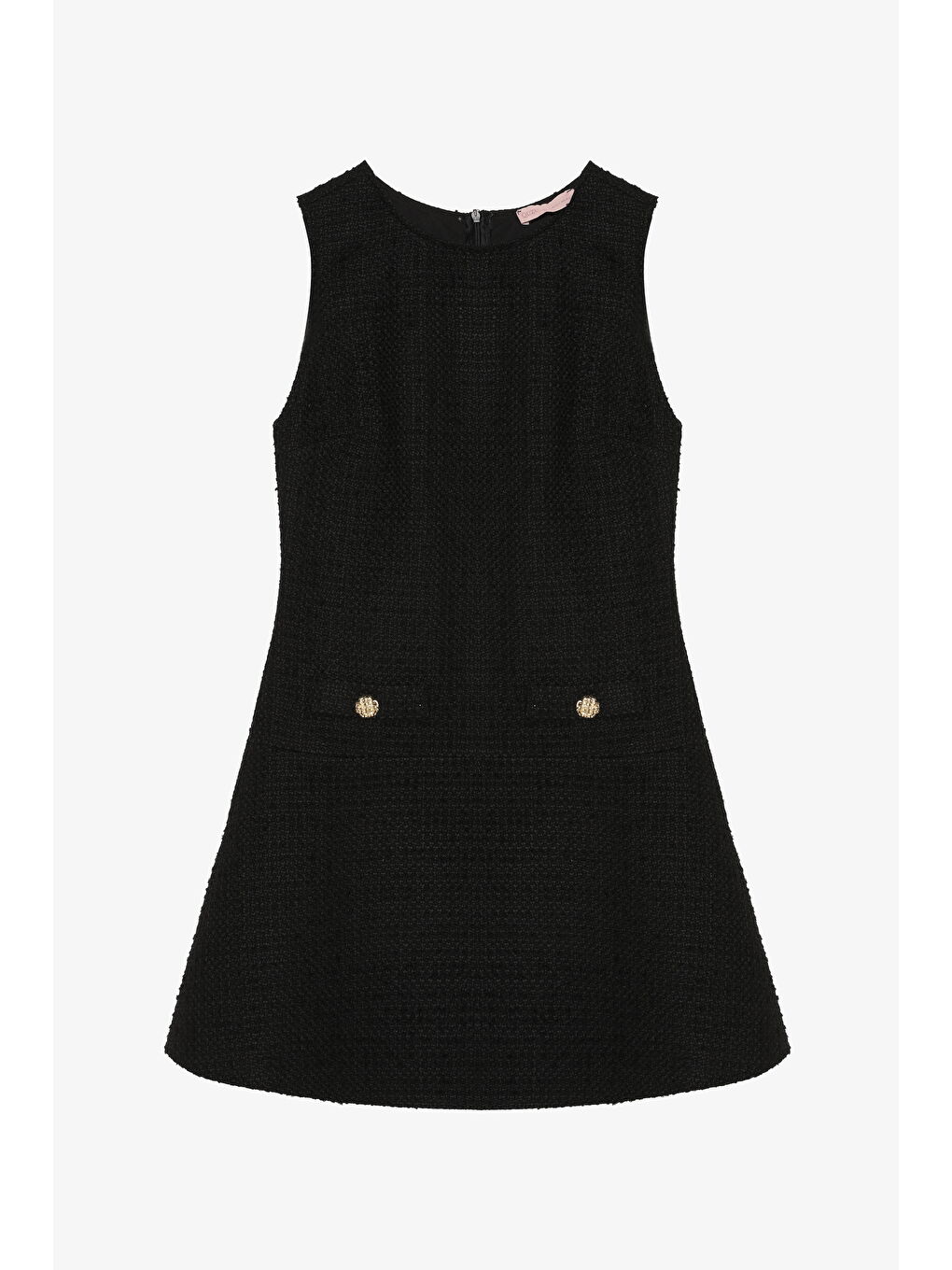 Cep Detaylı Yuvarlak Yaka Tüvit Mini Elbise Siyah