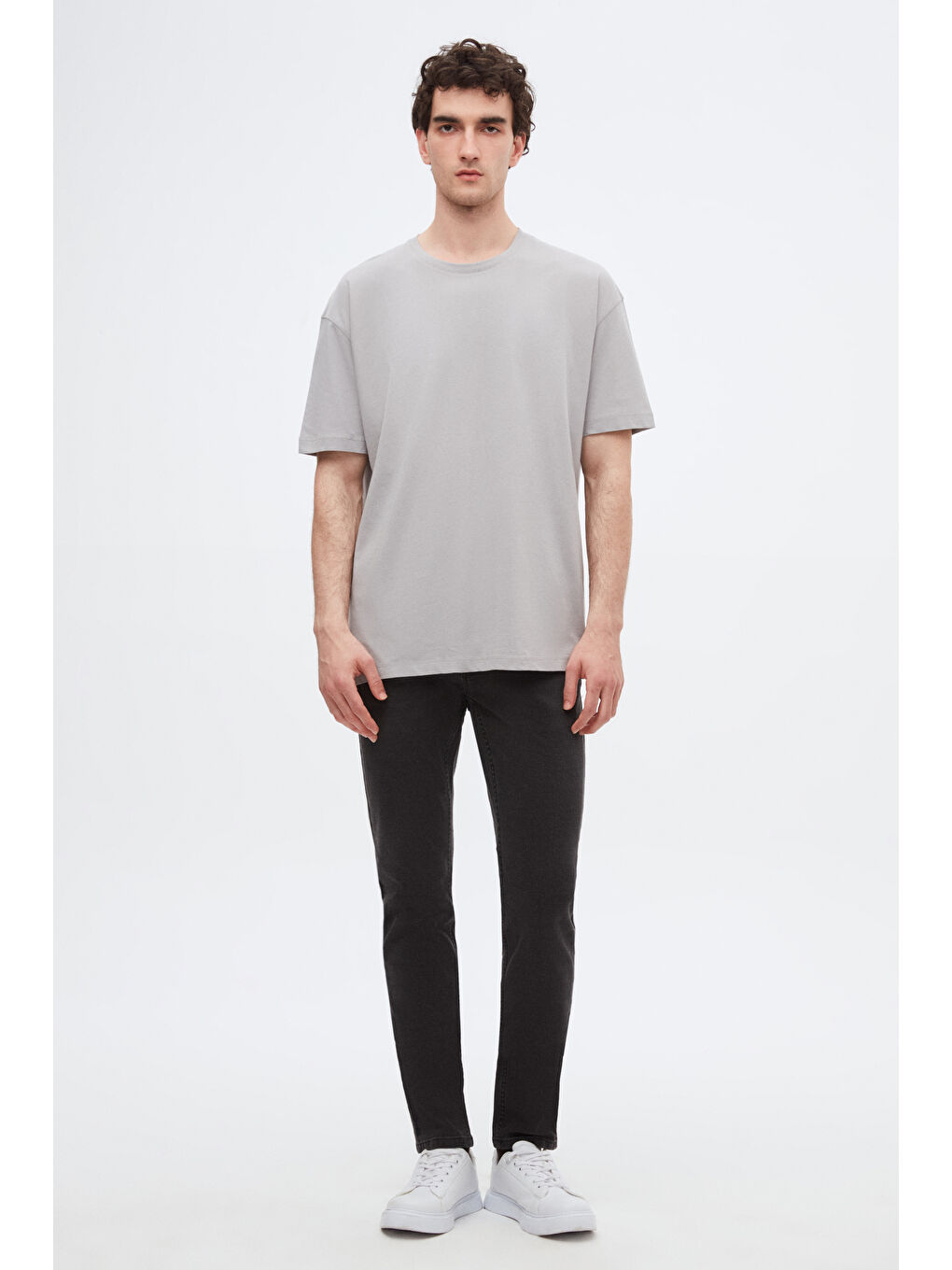 Oversize Gri Bisiklet Yaka %100 Pamuk Tişört-3