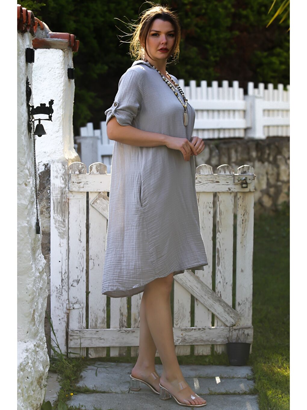 Gri Gömlek Yaka Düğmeli 3/4 Kol Cepli Casual Müslin Dokuma Elbise 105 65-3