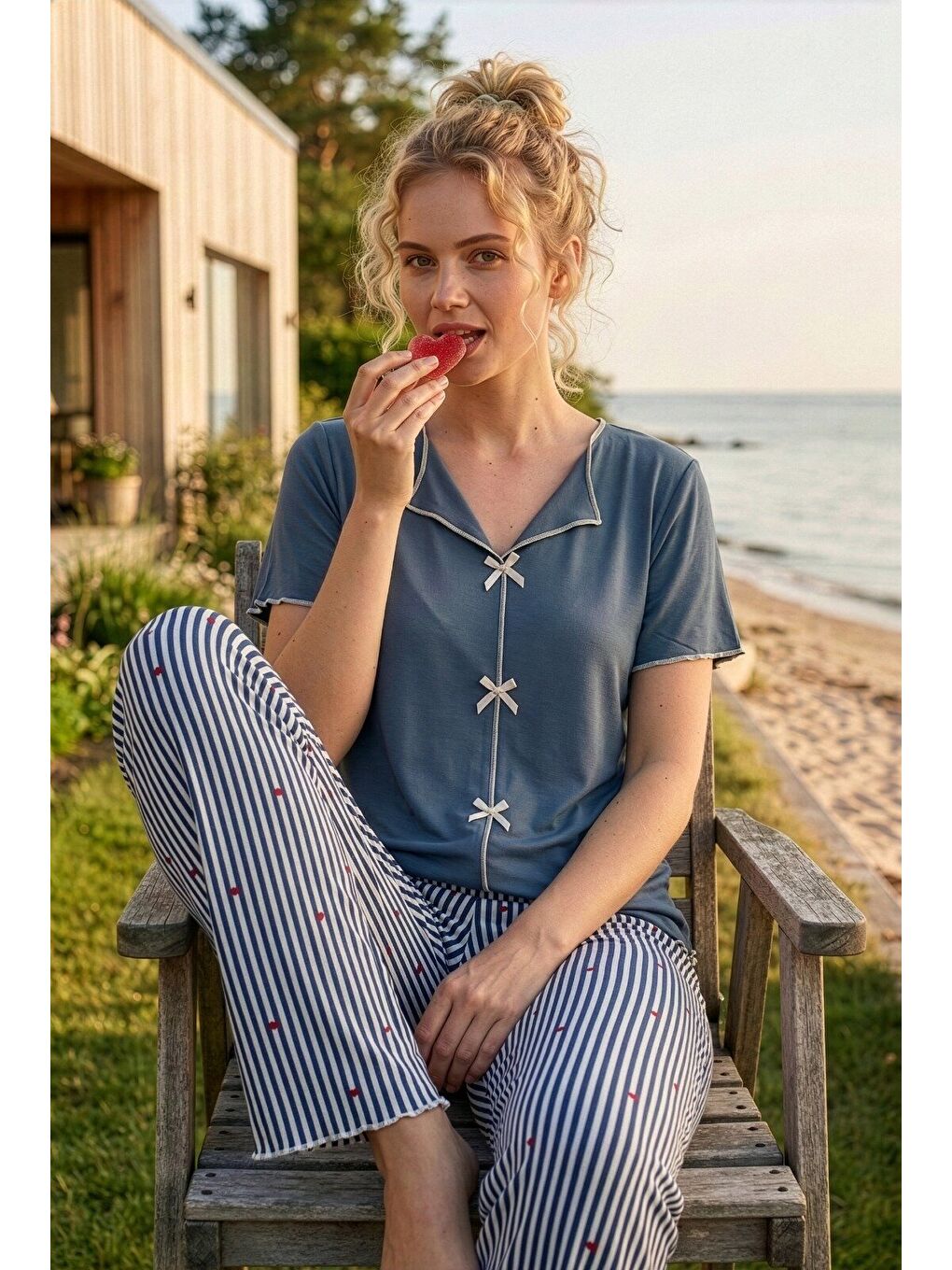 Gri Kadın Kurdele/Fiyonklu Kısa Kollu Yüksek Kaliteli Esnek Pijama Takımı