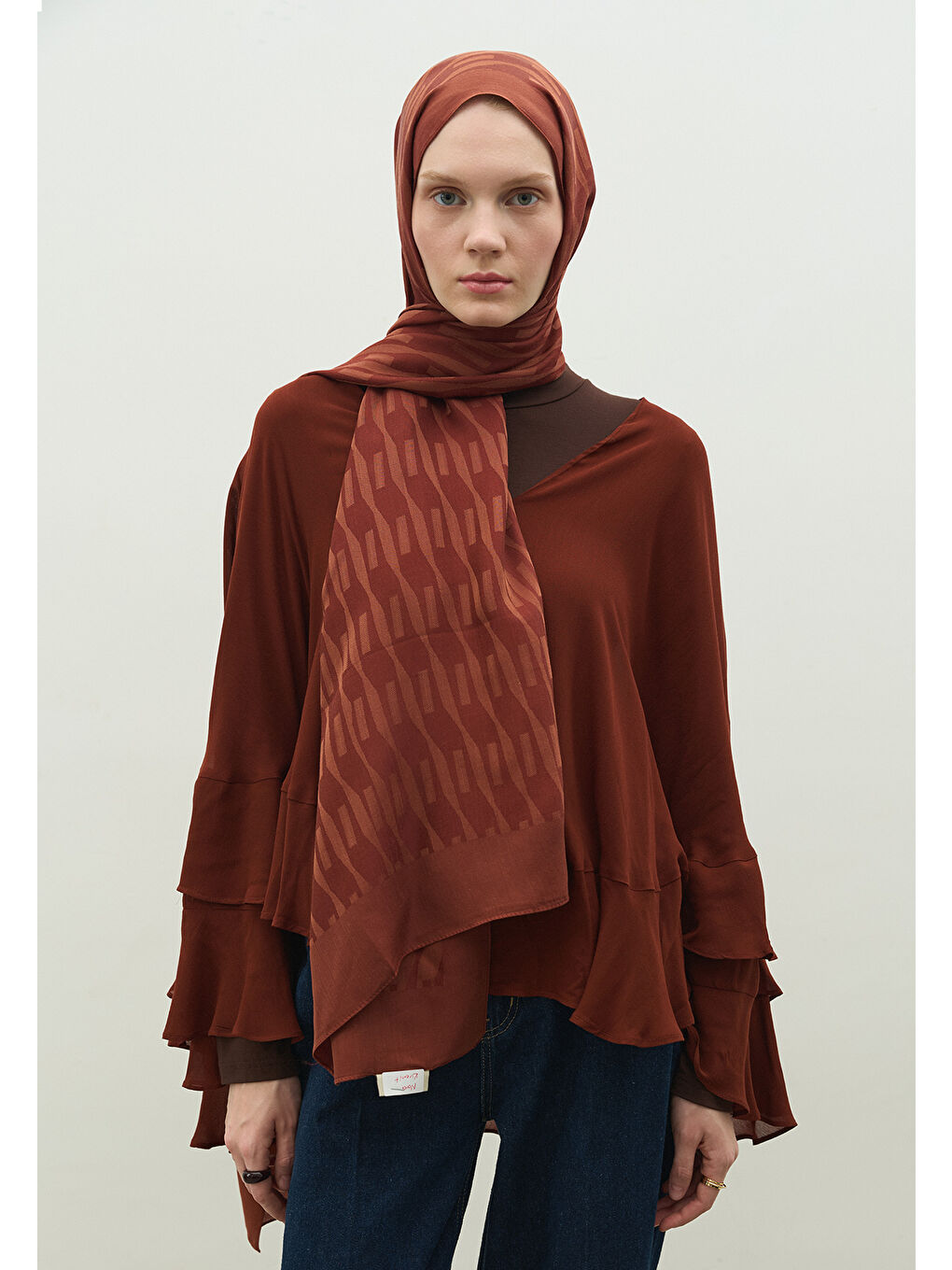 Kahverengi NARA PAMUK FLOŞ JAKARLI ŞAL KİREMİT-1