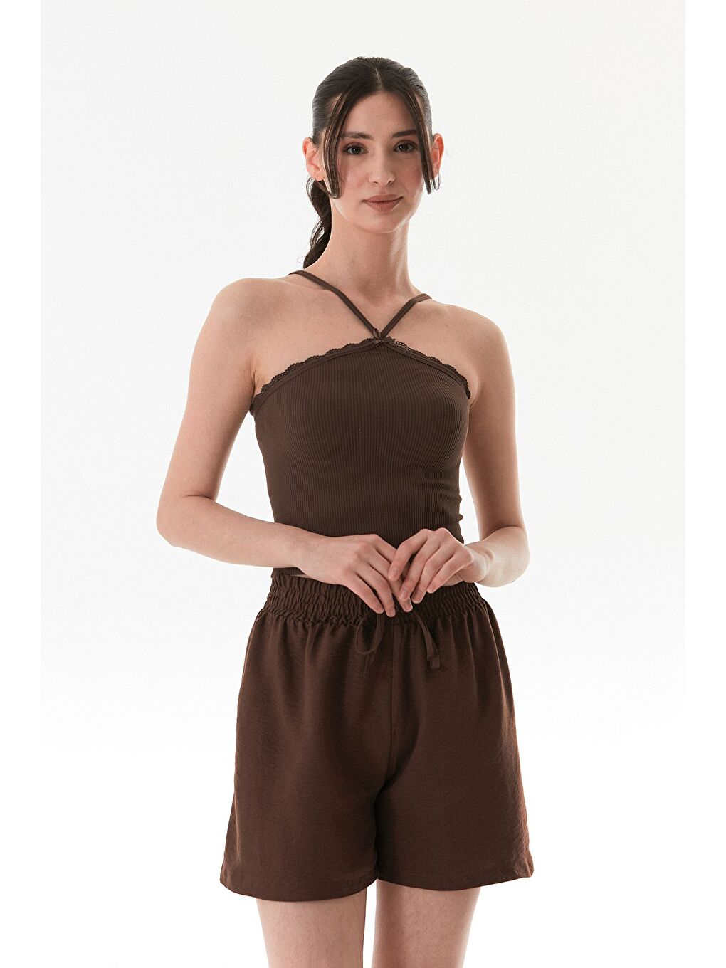 Kahverengi Fitilli Çapraz Askılı Crop Body