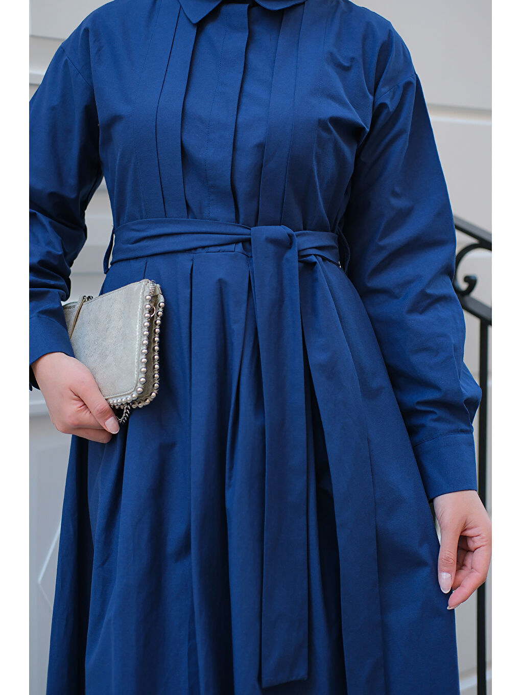 Kadın Önü Pileli Poplin Elbise Lacivert-4