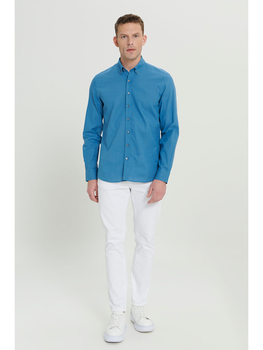 Erkek Petrol %100 Pamuk Oxford Slim Fit Dar Kesim Düğmeli Yaka Flamlı Gömlek-1