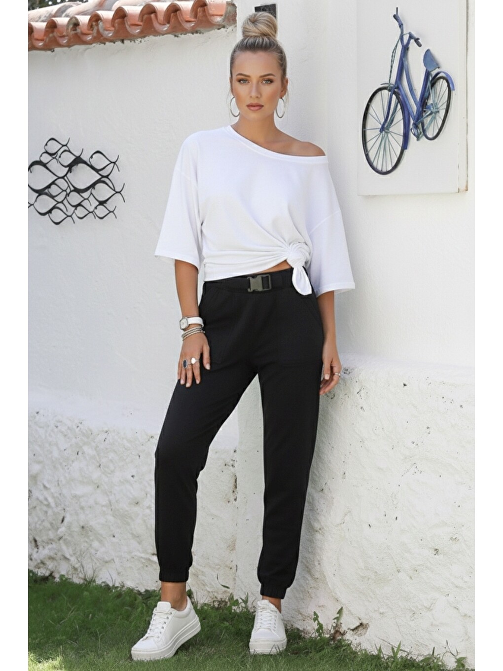 Siyah Kemer Tokalı Lastikli Bel Casual Gabardin Dokuma Pantolon 100 55-3
