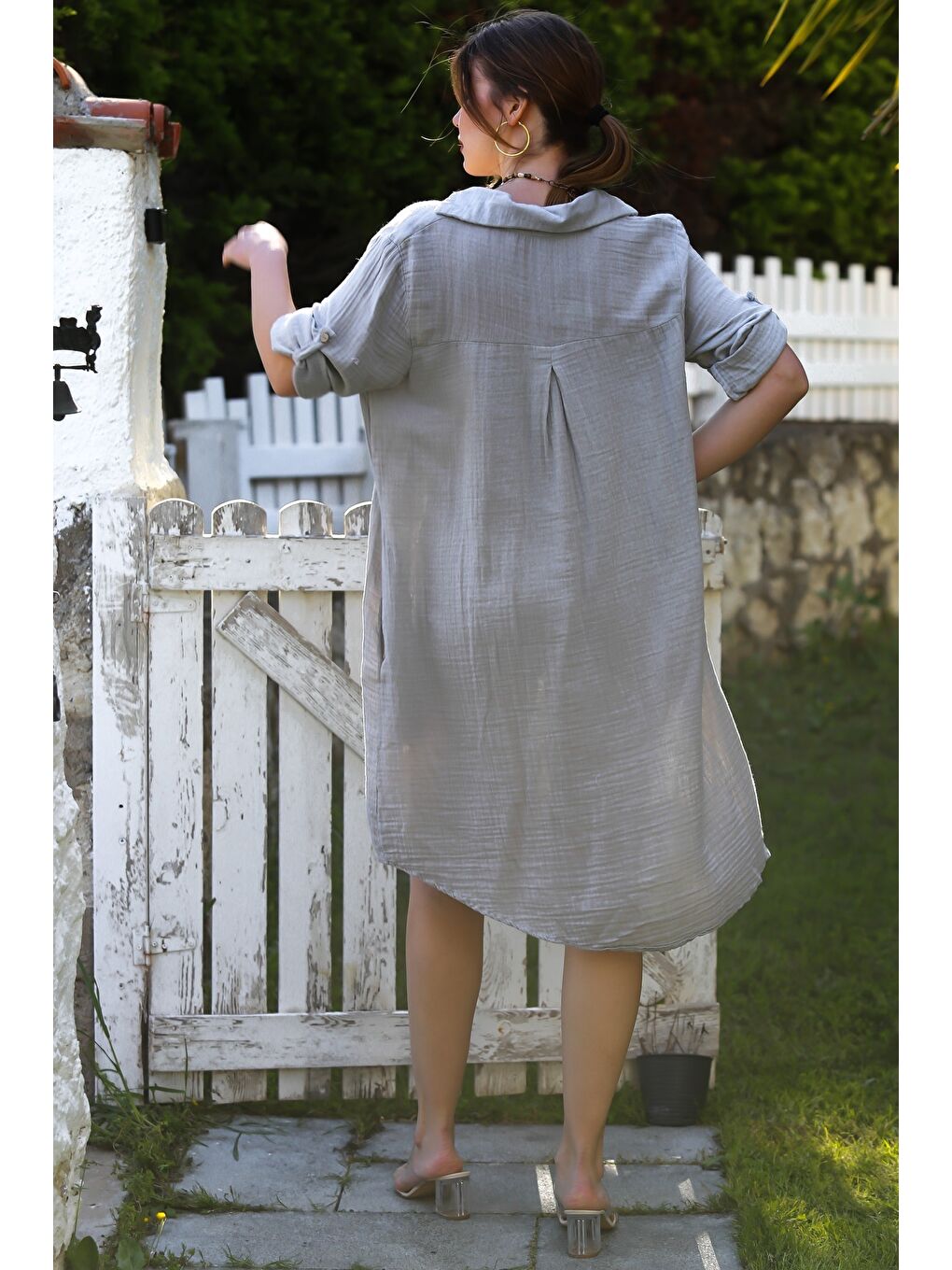 Gri Gömlek Yaka Düğmeli 3/4 Kol Cepli Casual Müslin Dokuma Elbise 105 65-4