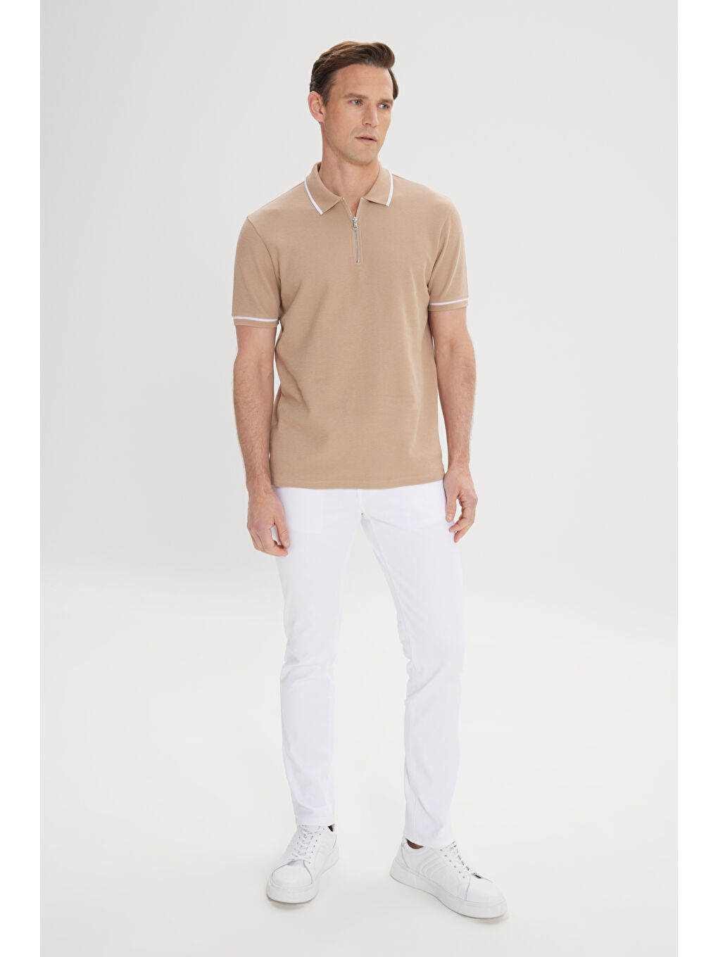 Kahverengi Erkek Camel Dar Kesim %100 Pamuk Jakarlı Polo Yaka Tişört-3