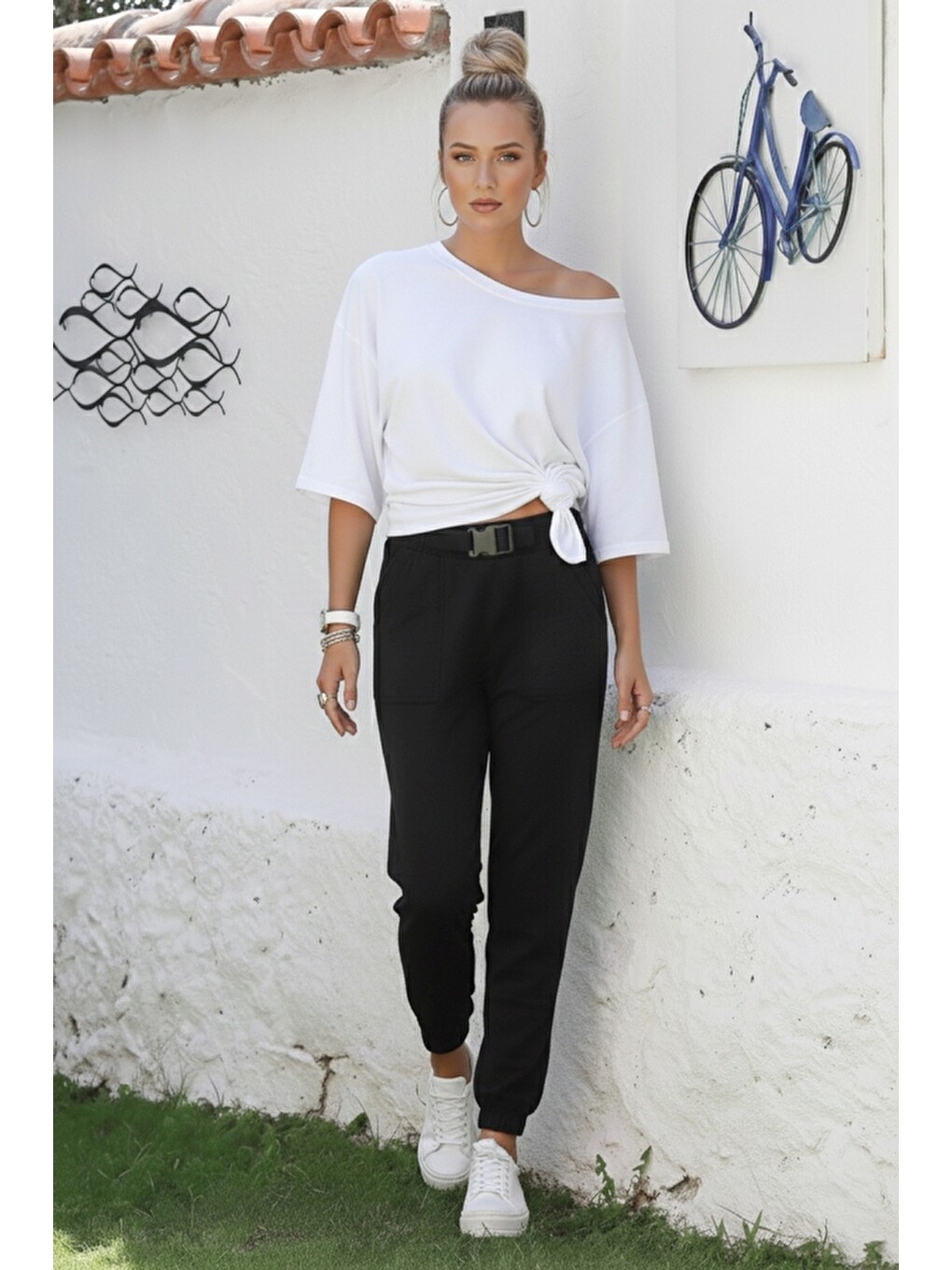Siyah Kemer Tokalı Lastikli Bel Casual Gabardin Dokuma Pantolon 100 55-4