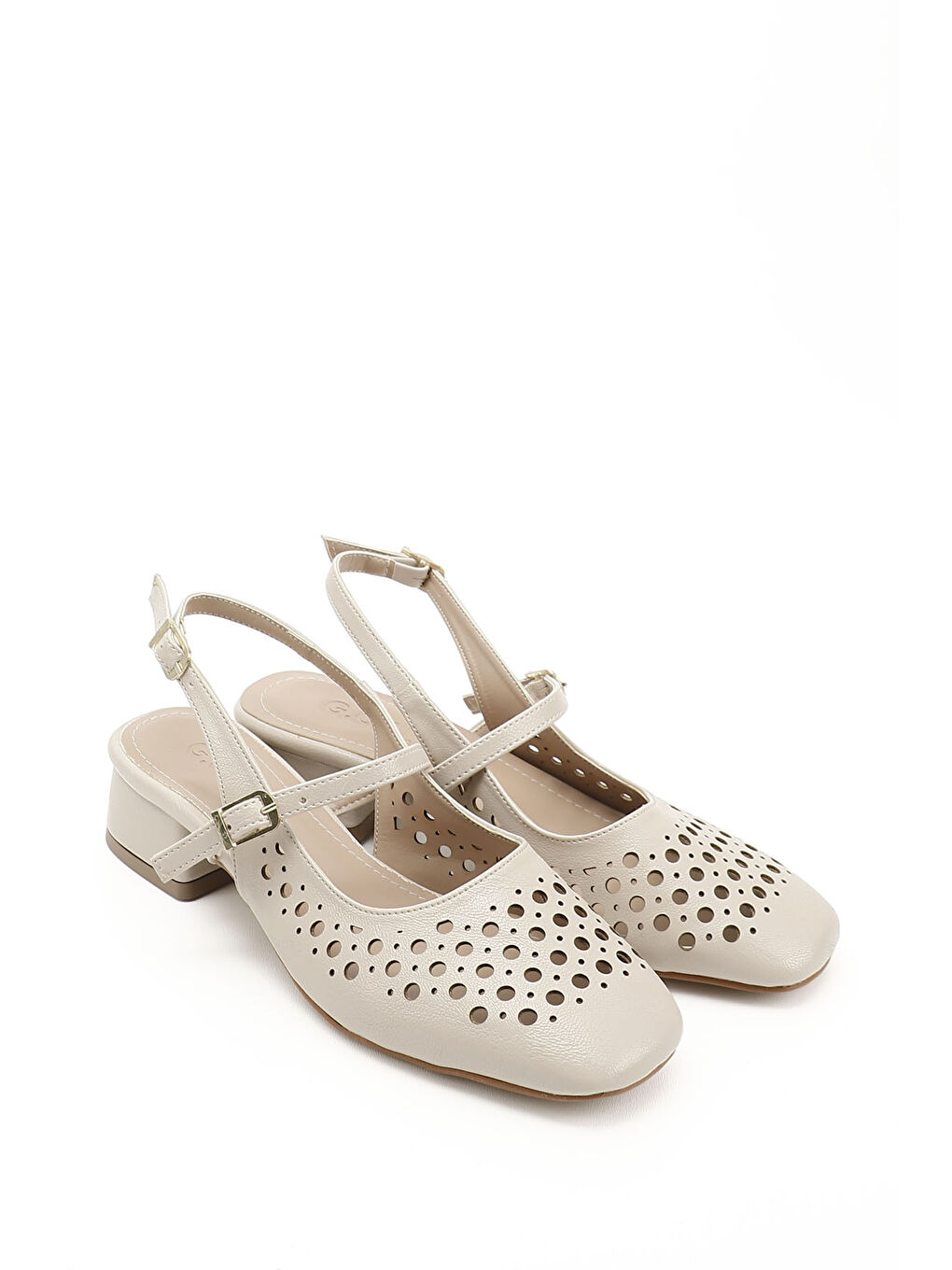 Bej Kadın TEN Kısa Kalın Topuklu Arkası Açık Ayakkabı-1