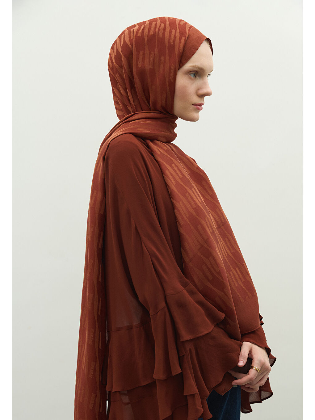 Kahverengi NARA PAMUK FLOŞ JAKARLI ŞAL KİREMİT-3