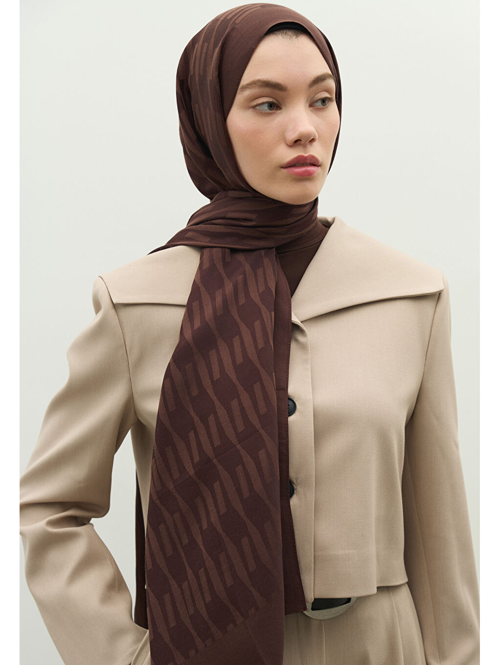 Kahverengi NARA PAMUK FLOŞ JAKARLI ŞAL ÇİKOLATA KAHVE-2