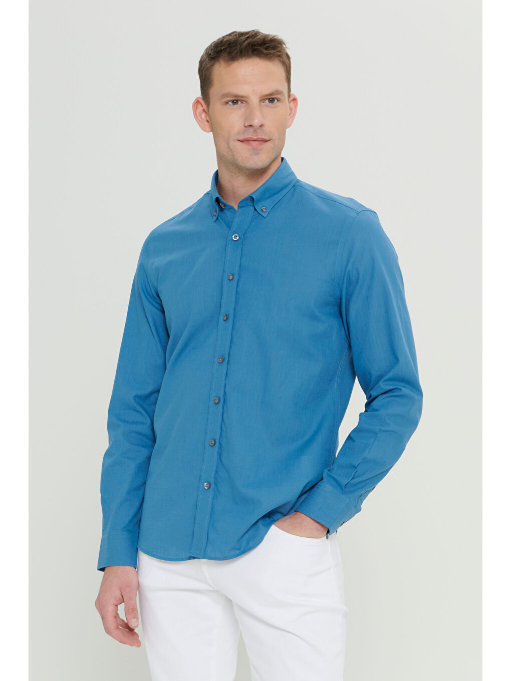 Erkek Petrol %100 Pamuk Oxford Slim Fit Dar Kesim Düğmeli Yaka Flamlı Gömlek-2