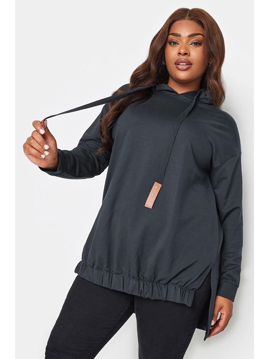 Lacivert Büyük Beden Arkası Uzun Kapüşonlu Bağcıklı Uzun Kollu Sweatshirt 302574