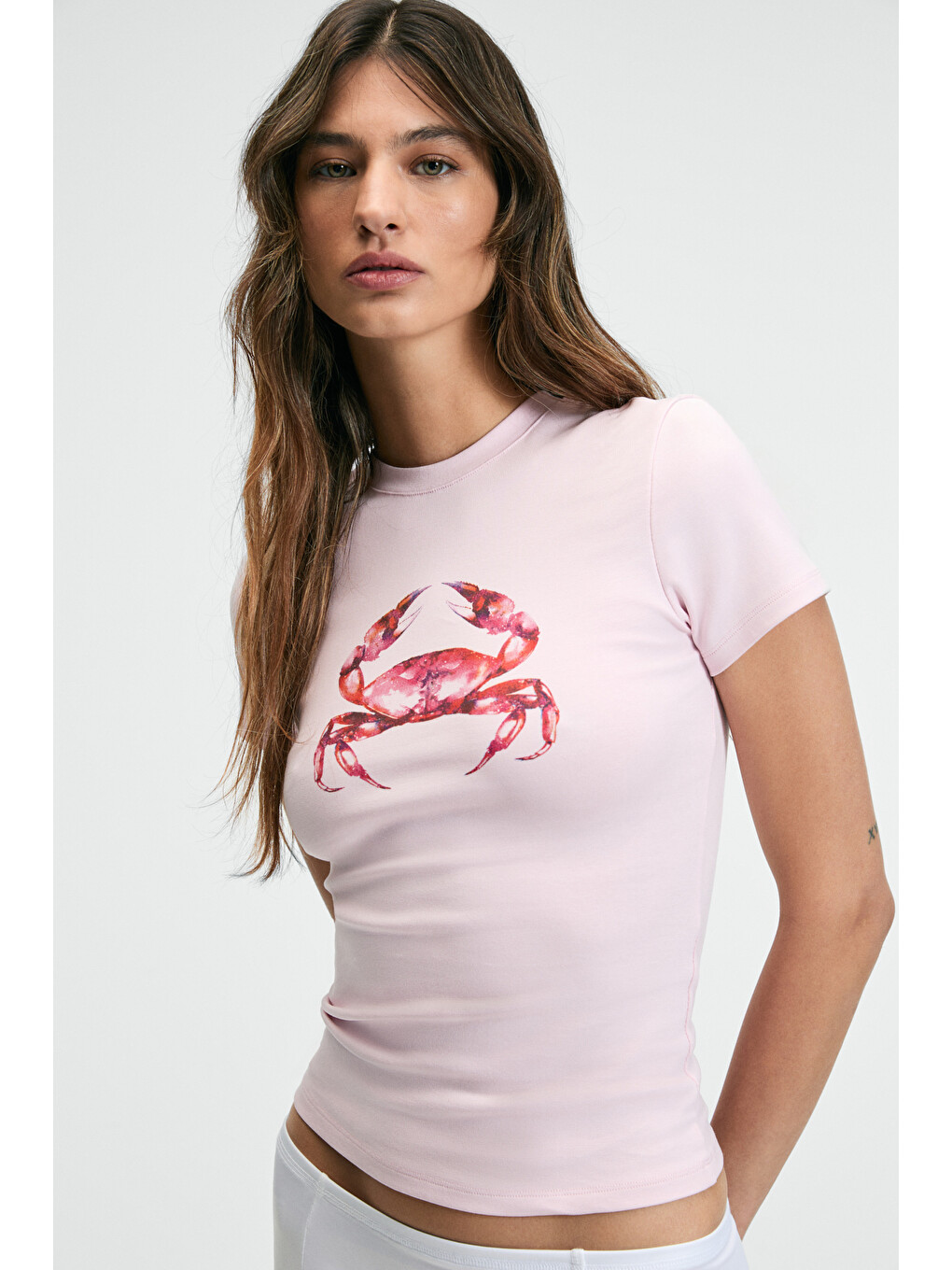 Athea Kadın Bisiklet Yaka Kısa Kollu Önü Baskılı Slim Pembe T-shirt-1