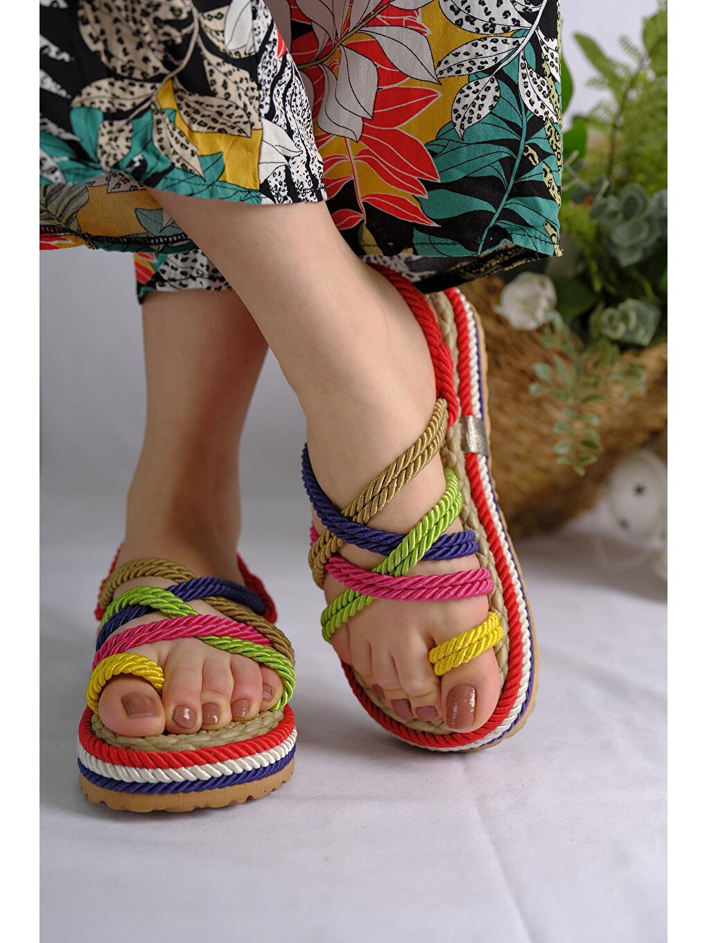 Karışık Flr Aryans Halat İpli Parmak Arası Kadın Sandalet-5