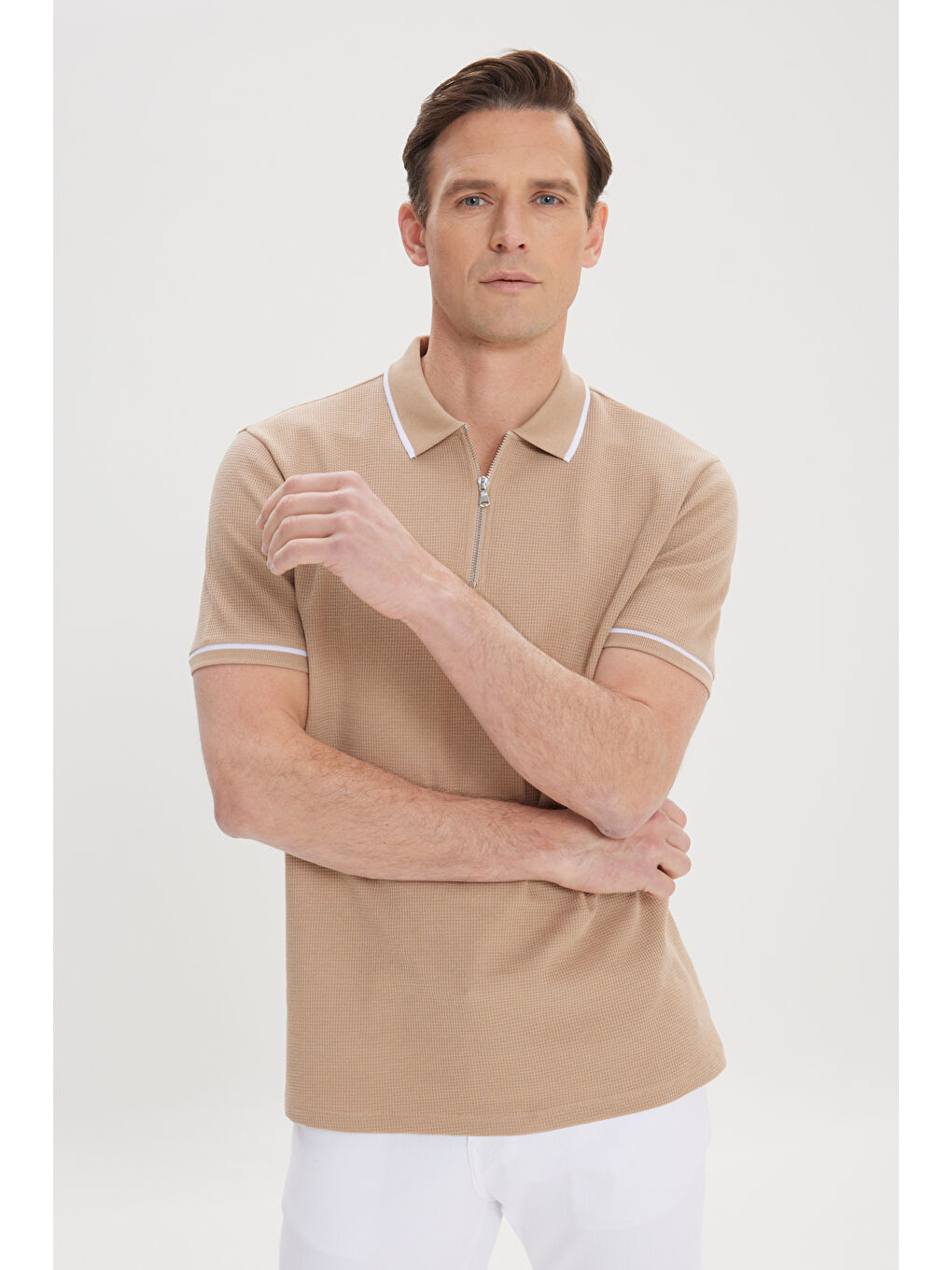 Kahverengi Erkek Camel Dar Kesim %100 Pamuk Jakarlı Polo Yaka Tişört-4