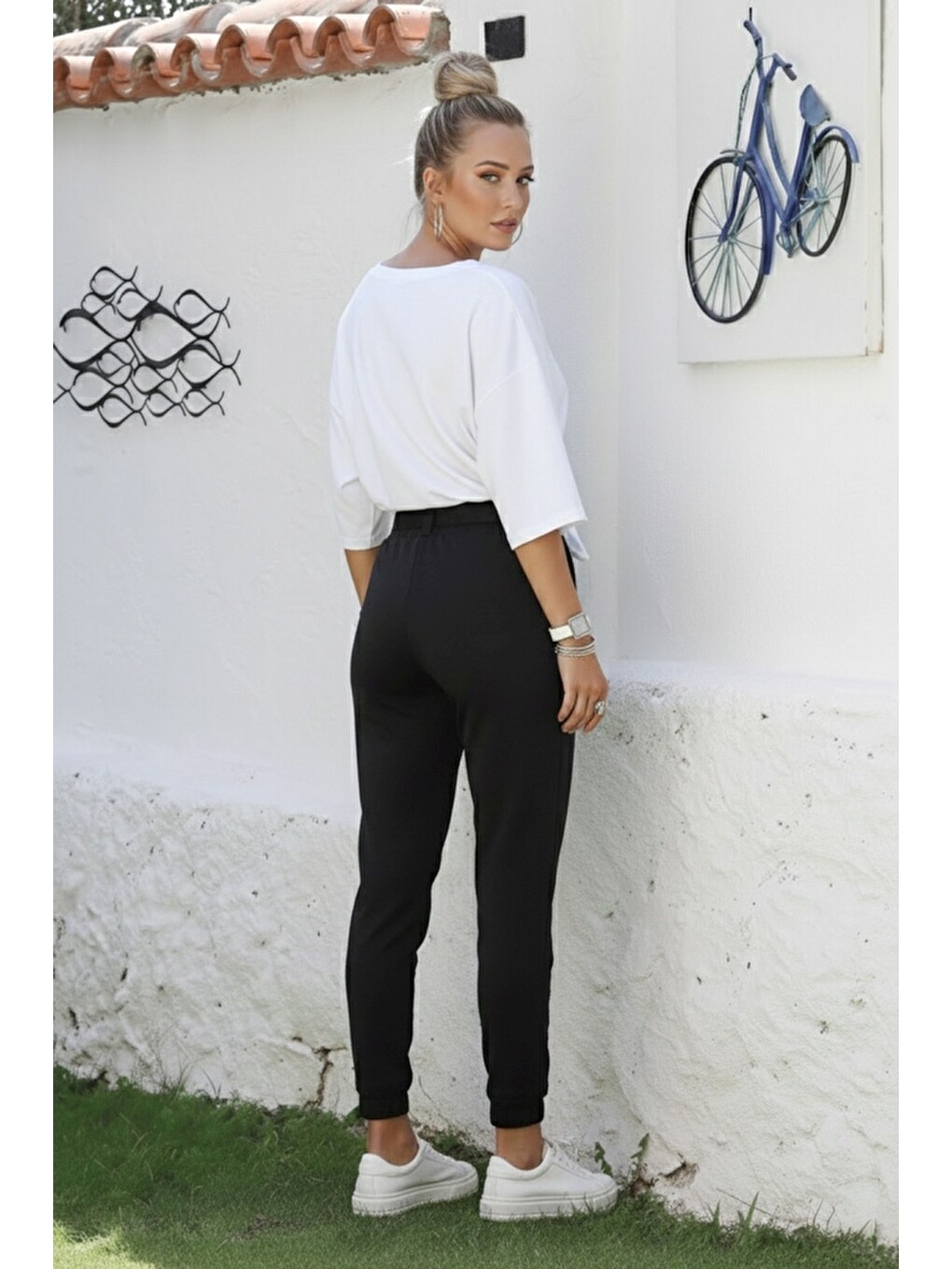 Siyah Kemer Tokalı Lastikli Bel Casual Gabardin Dokuma Pantolon 100 55-5