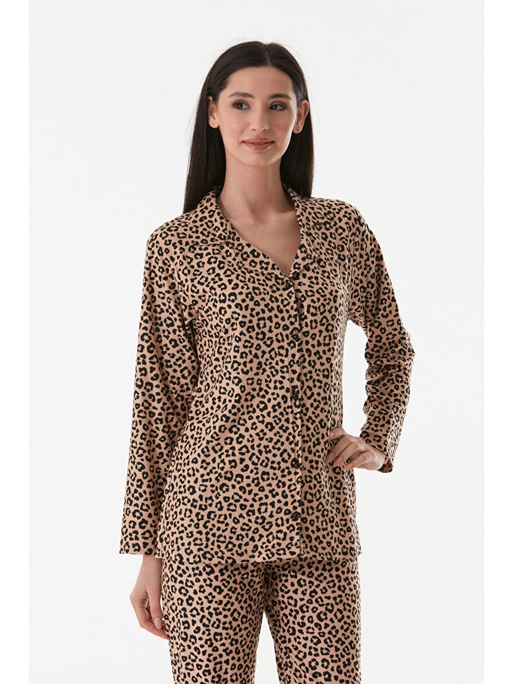 Bej Ekose Desenli Gömlek Yaka Süet Pijama Takımı-1