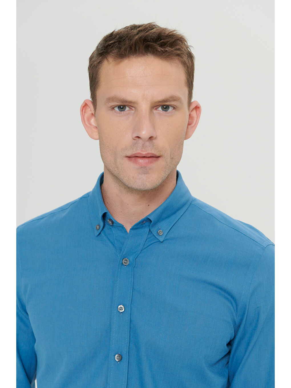 Erkek Petrol %100 Pamuk Oxford Slim Fit Dar Kesim Düğmeli Yaka Flamlı Gömlek-4