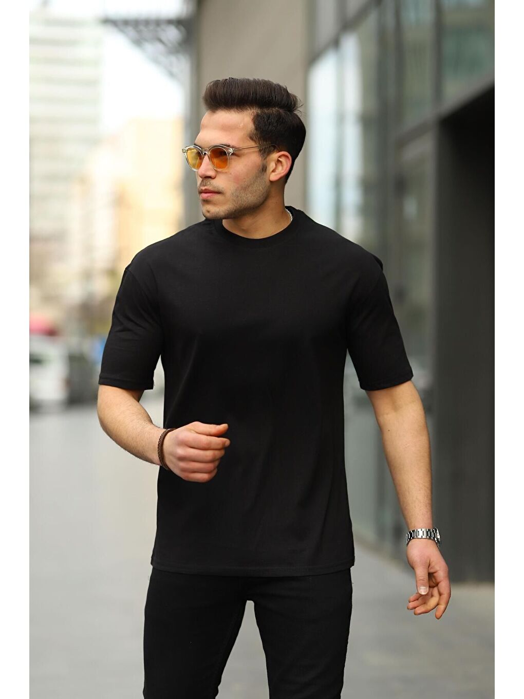 Siyah Erkek Oversize Baskısız Tişört-2