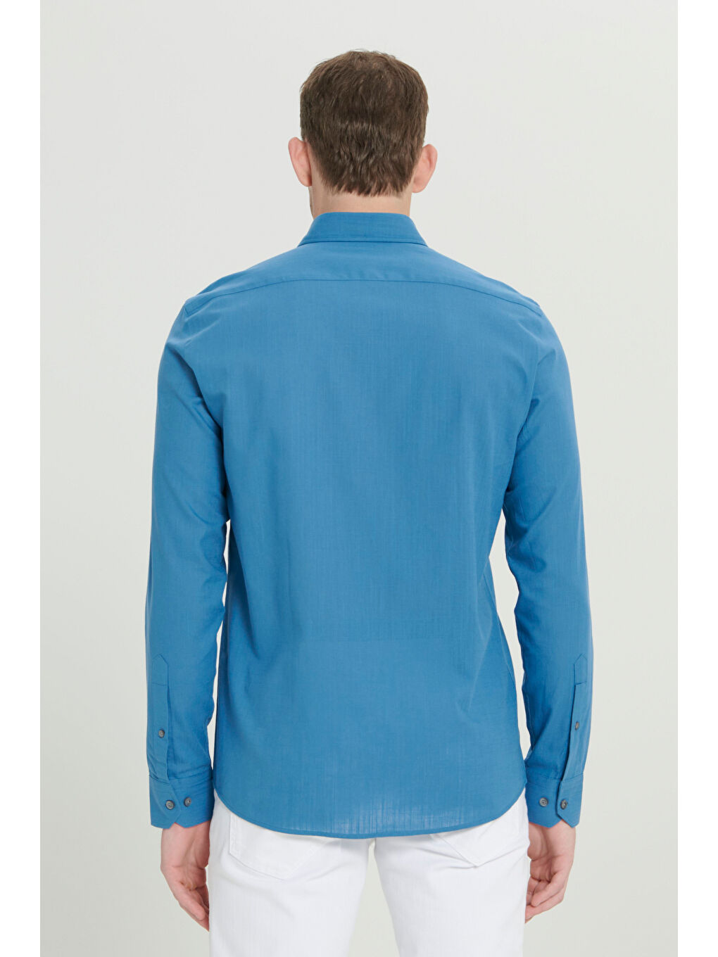 Erkek Petrol %100 Pamuk Oxford Slim Fit Dar Kesim Düğmeli Yaka Flamlı Gömlek-5