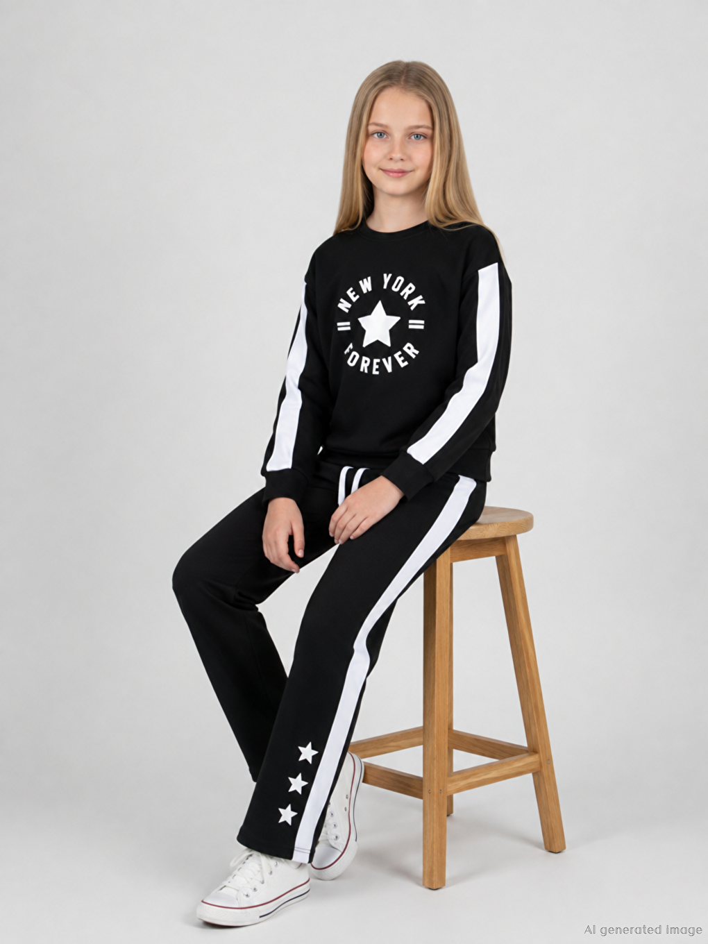 Siyah Bisiklet Yaka Kız Çocuk Baskılı Sweatshirt Ve Eşofman Alt 2'li Takım-1