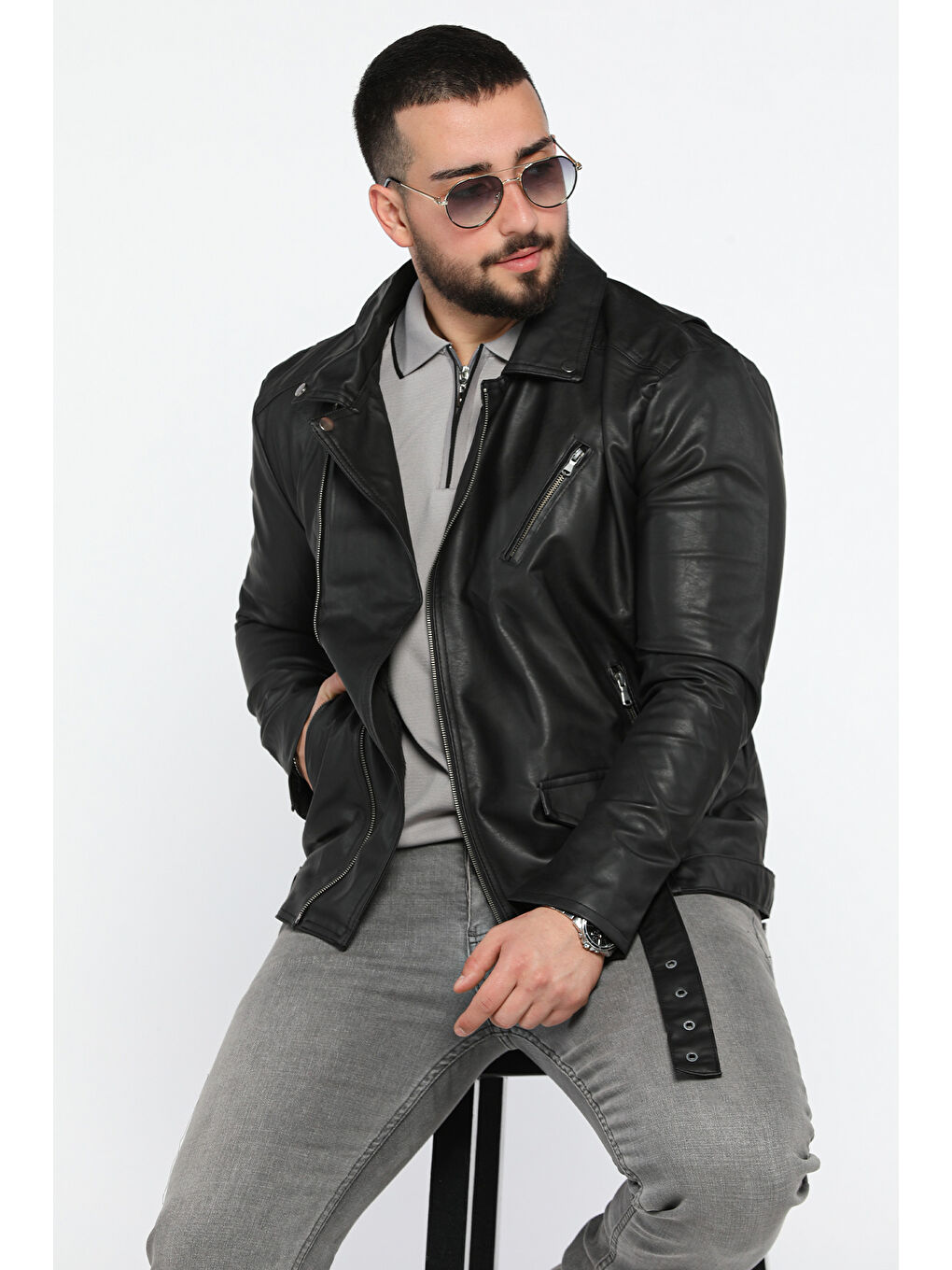 Siyah Erkek Kemerli İçi Pelüş Suni Deri Ceket