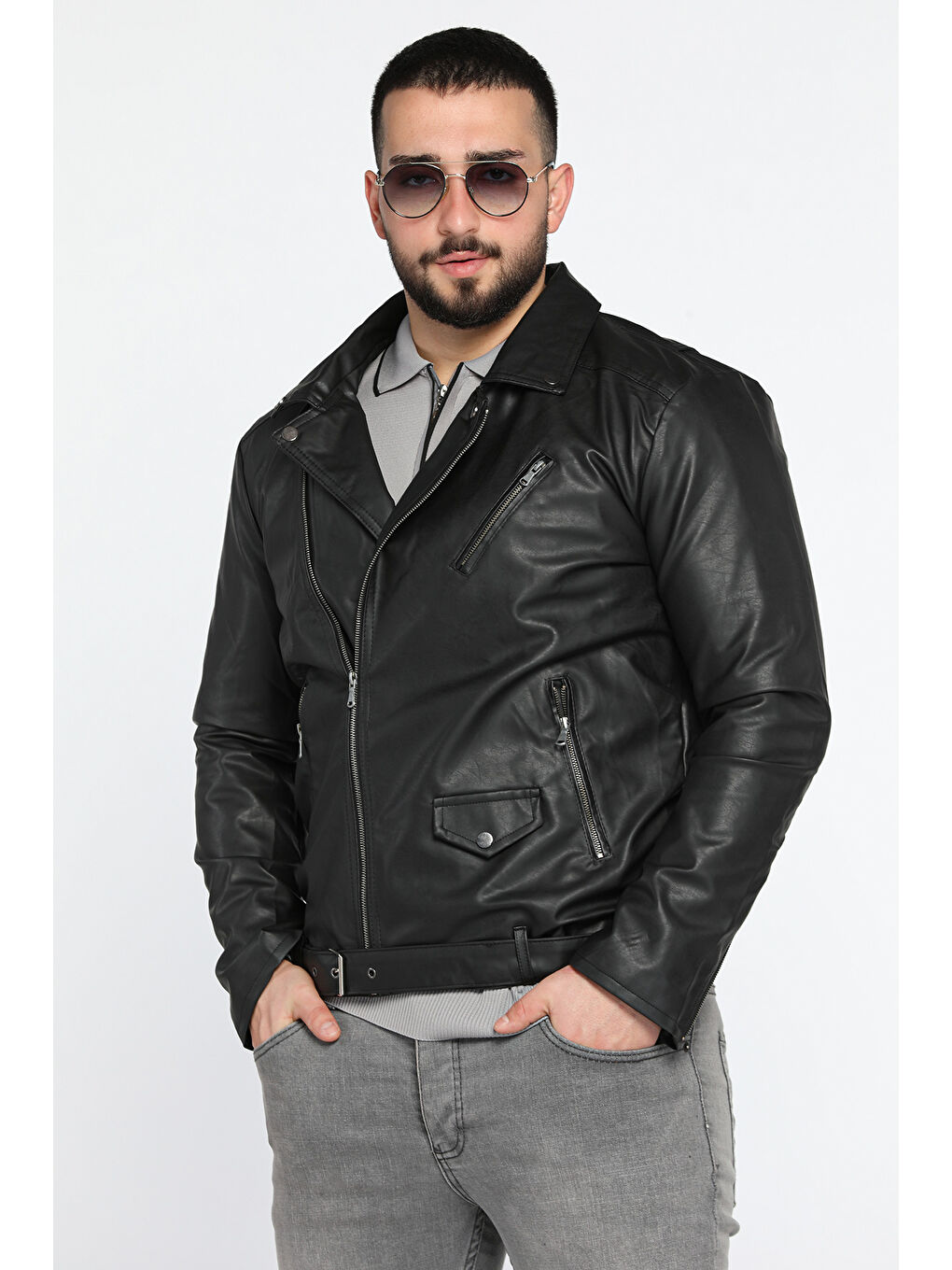 Siyah Erkek Kemerli İçi Pelüş Suni Deri Ceket-1