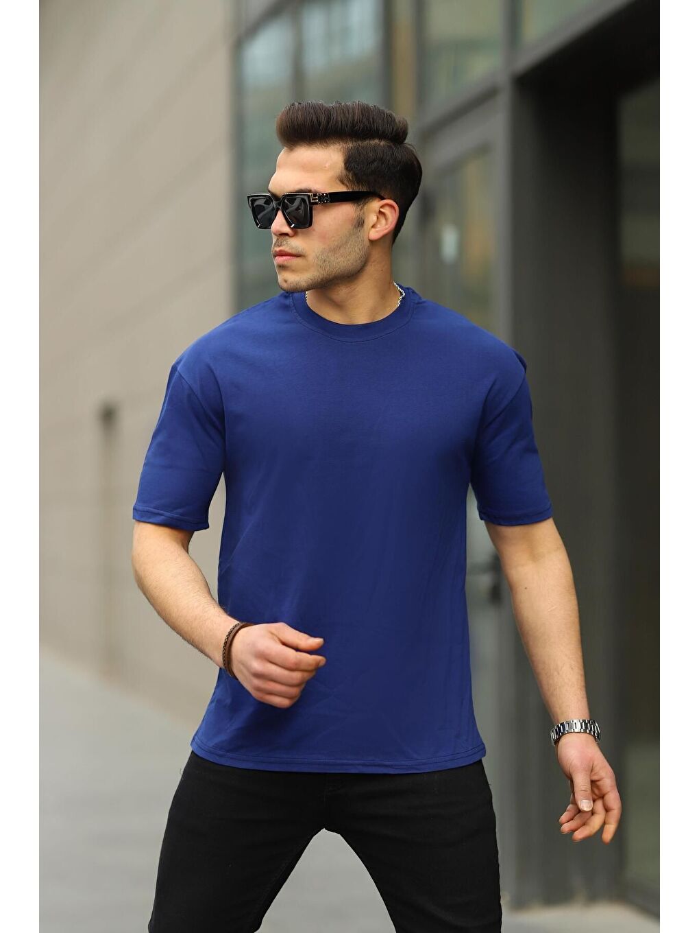 Lacivert Erkek Oversize Baskısız Tişört