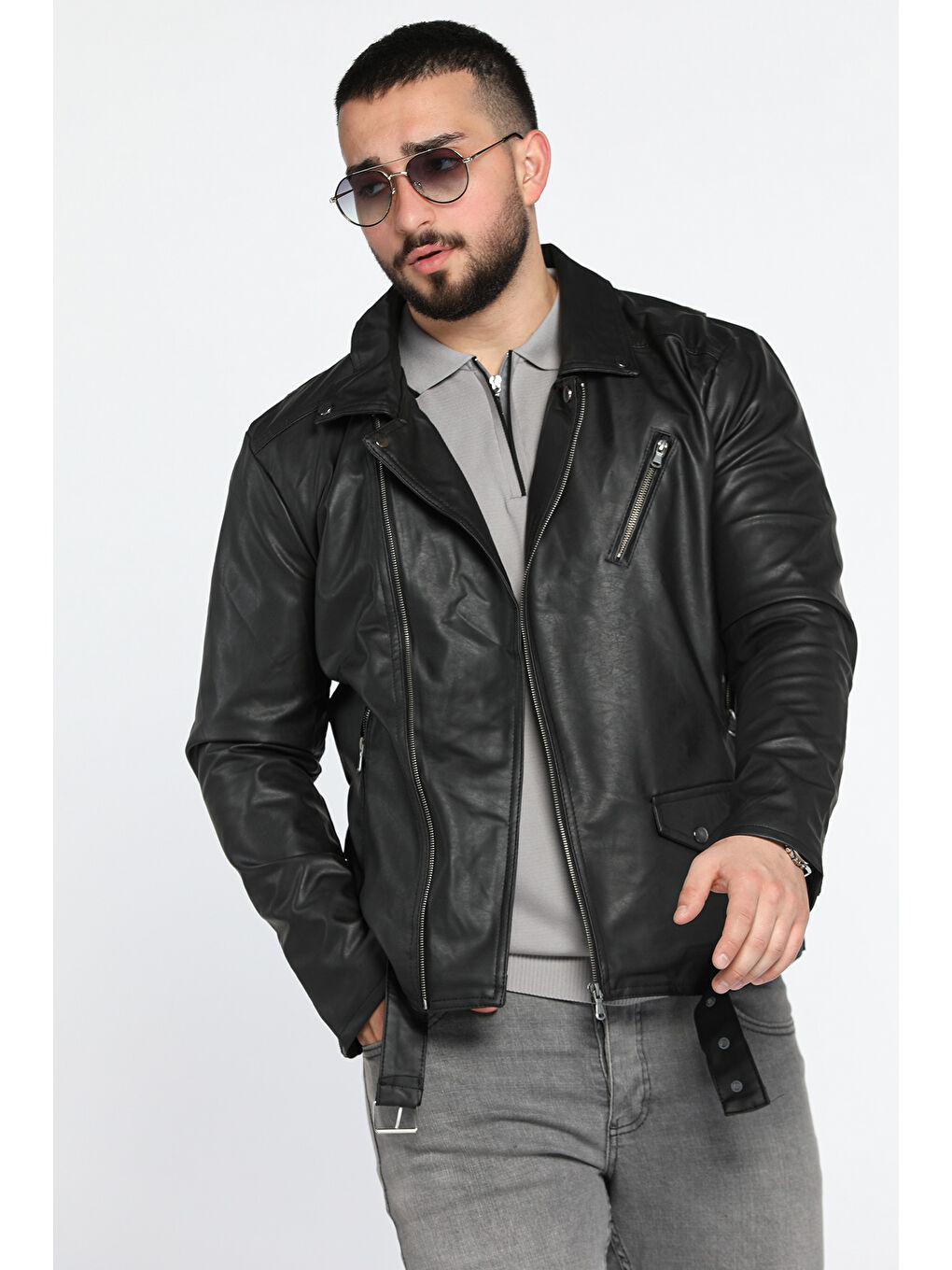 Siyah Erkek Kemerli İçi Pelüş Suni Deri Ceket-2