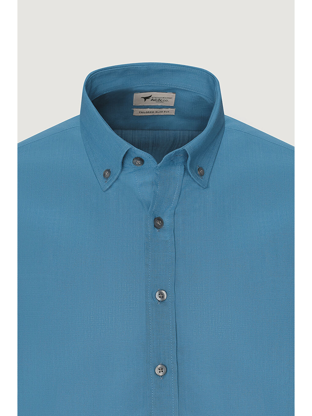 Erkek Petrol %100 Pamuk Oxford Slim Fit Dar Kesim Düğmeli Yaka Flamlı Gömlek-7