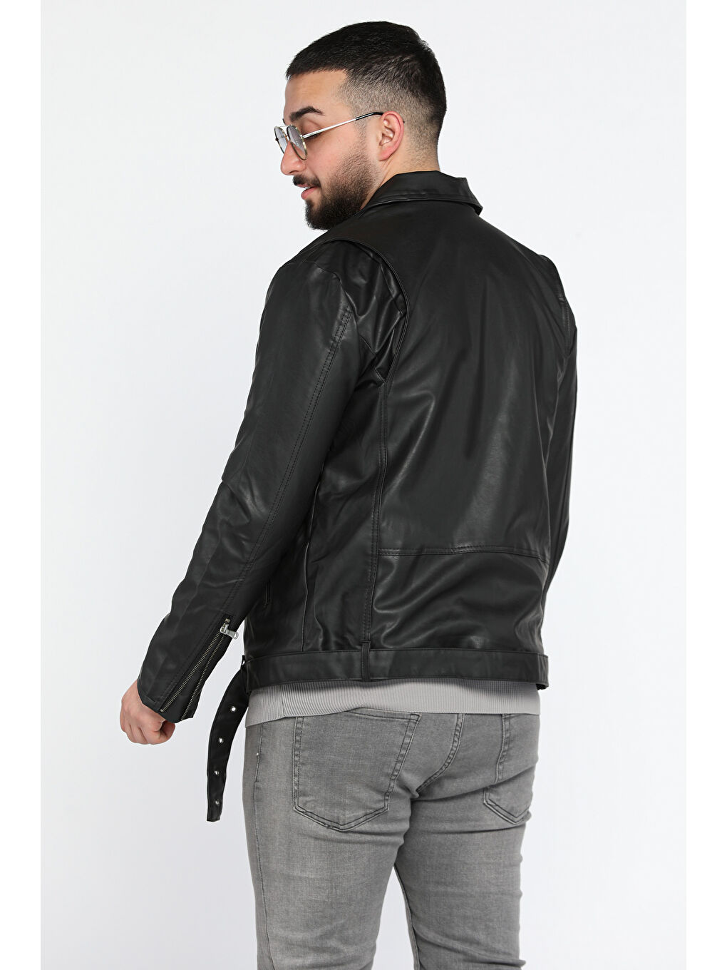 Siyah Erkek Kemerli İçi Pelüş Suni Deri Ceket-3