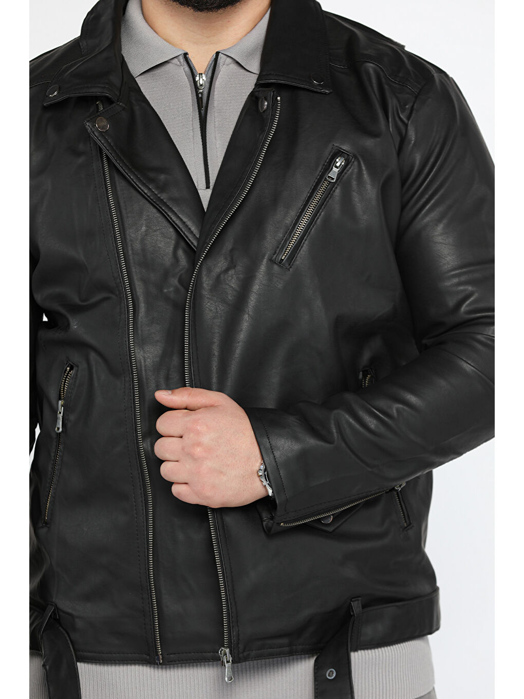 Siyah Erkek Kemerli İçi Pelüş Suni Deri Ceket-4