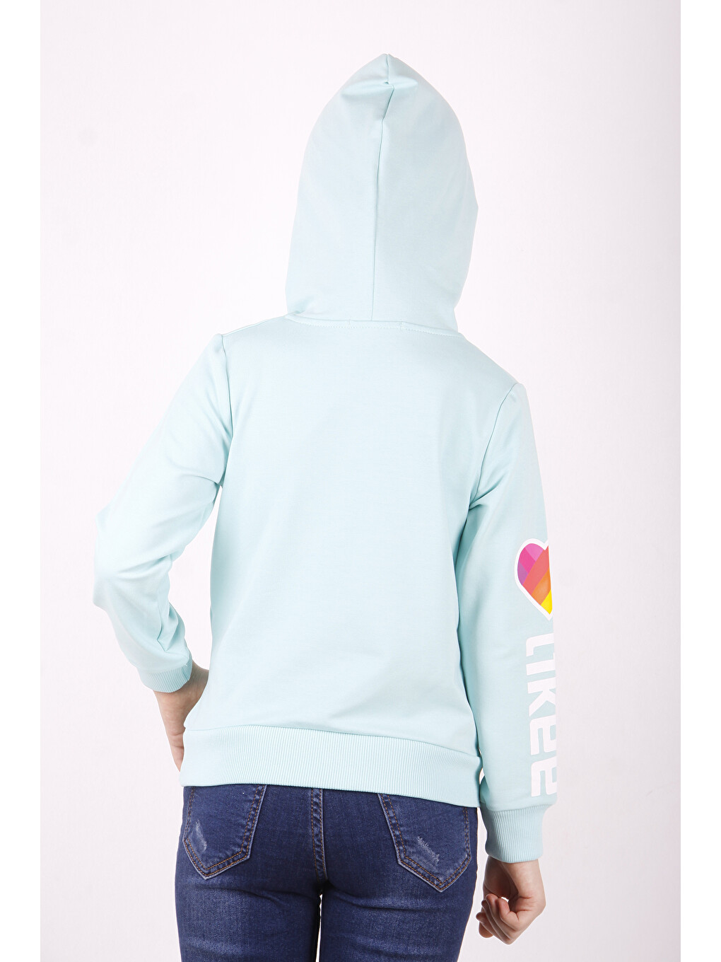 Turkuaz Kız Çocuk Like Kalp Baskılı Kanguru Cepli Sweatshirt-1