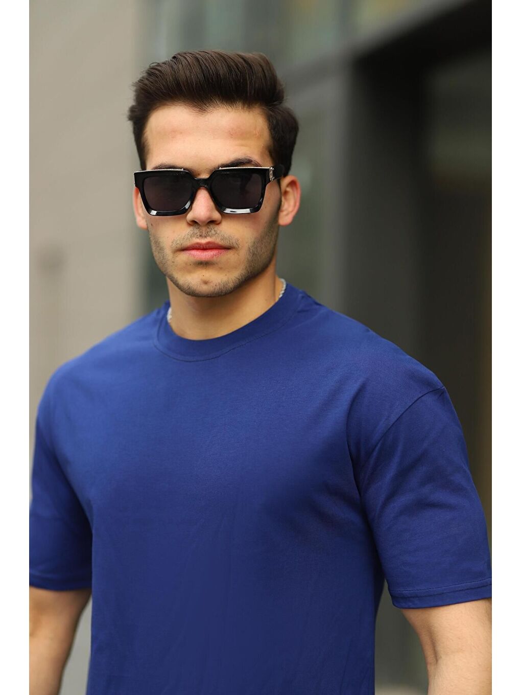 Lacivert Erkek Oversize Baskısız Tişört-1