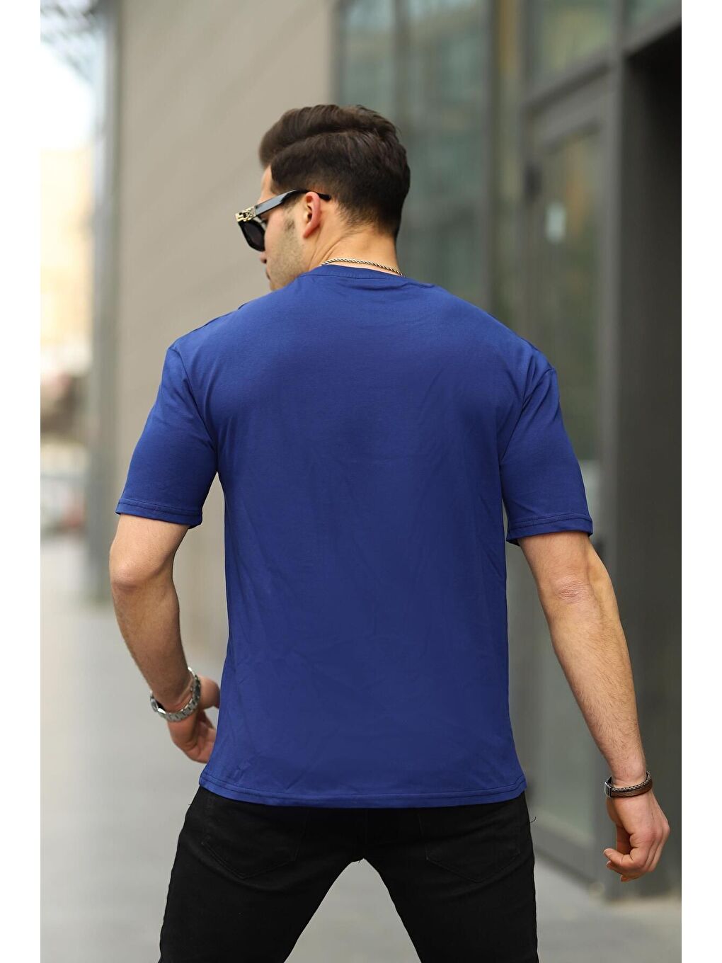 Lacivert Erkek Oversize Baskısız Tişört-2